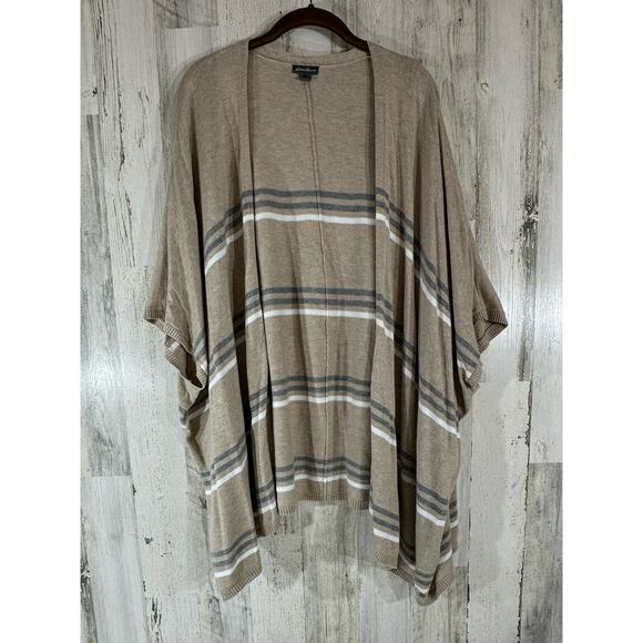 Eddie Bauer Womens Cardigan Sweater Size Large Open Front Oversized Tan Stripe - Picture 1 of 7